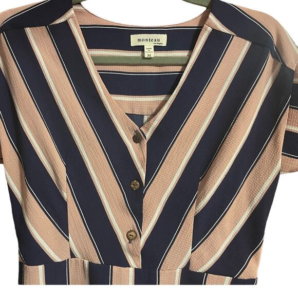 MONTEAU STRIPED PEPLUM BLOUSE NAVY PINK WHITE V-NECK BUTTONS PULLOVER M - Picture 3 of 9